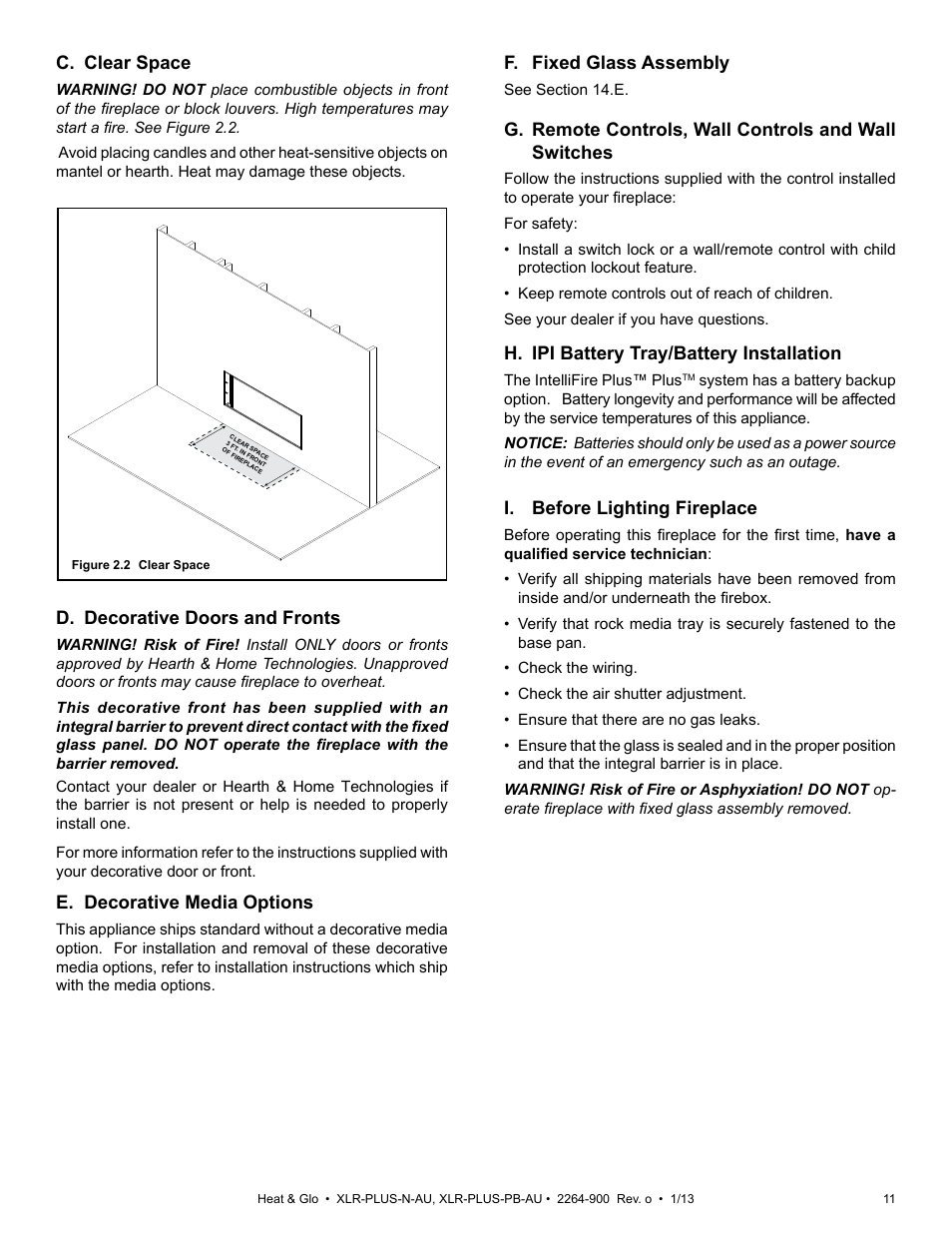 C. clear space, F. fixed glass assembly, D. decorative doors and fronts | E. decorative media options, I. before lighting fireplace, H. ipi battery tray/battery installation | Heat & Glo Fireplace XLR-PLUS-PB-AU User Manual | Page 11 / 77
