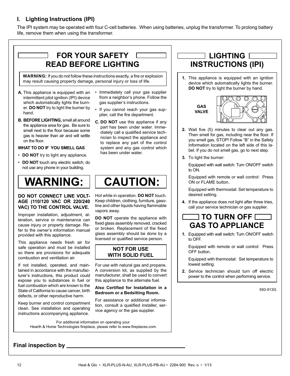 Caution, Warning, For your safety read before lighting | Heat & Glo Fireplace XLR-PLUS-PB-AU User Manual | Page 12 / 77