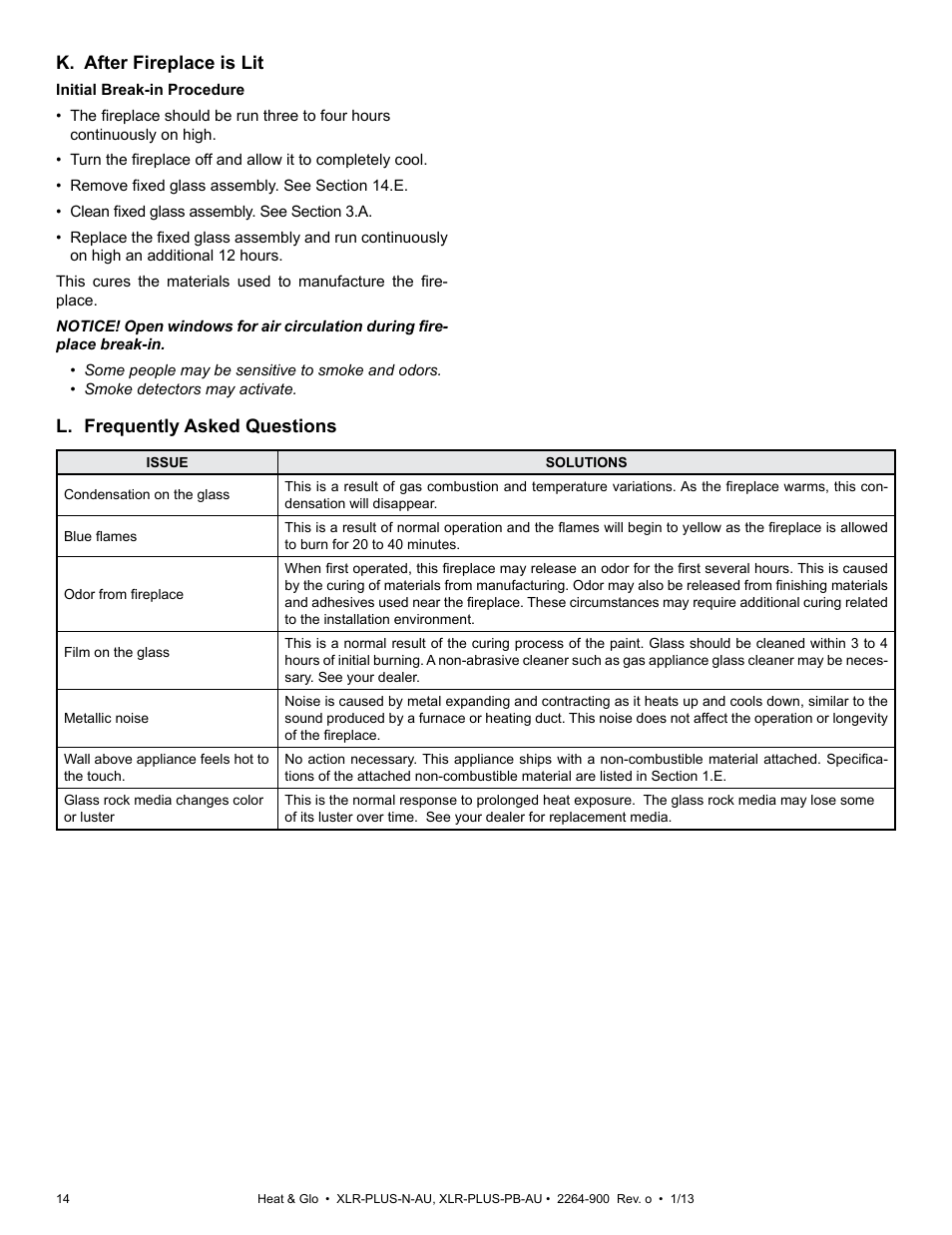 K. after fireplace is lit, L. frequently asked questions | Heat & Glo Fireplace XLR-PLUS-PB-AU User Manual | Page 14 / 77