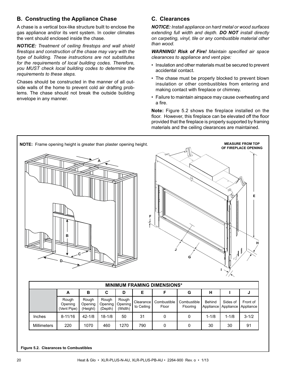 B. constructing the appliance chase, C. clearances | Heat & Glo Fireplace XLR-PLUS-PB-AU User Manual | Page 20 / 77