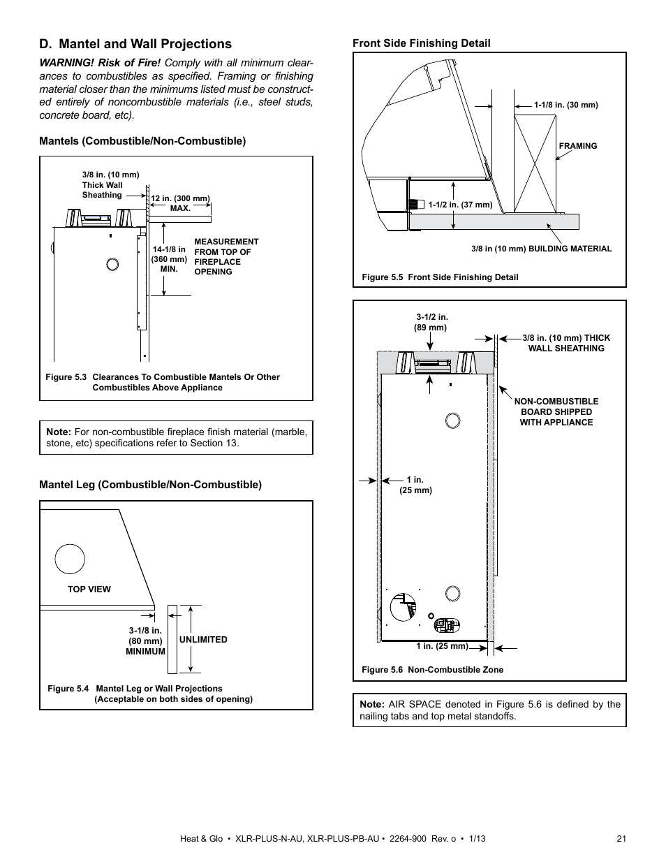 D. mantel and wall projections | Heat & Glo Fireplace XLR-PLUS-PB-AU User Manual | Page 21 / 77