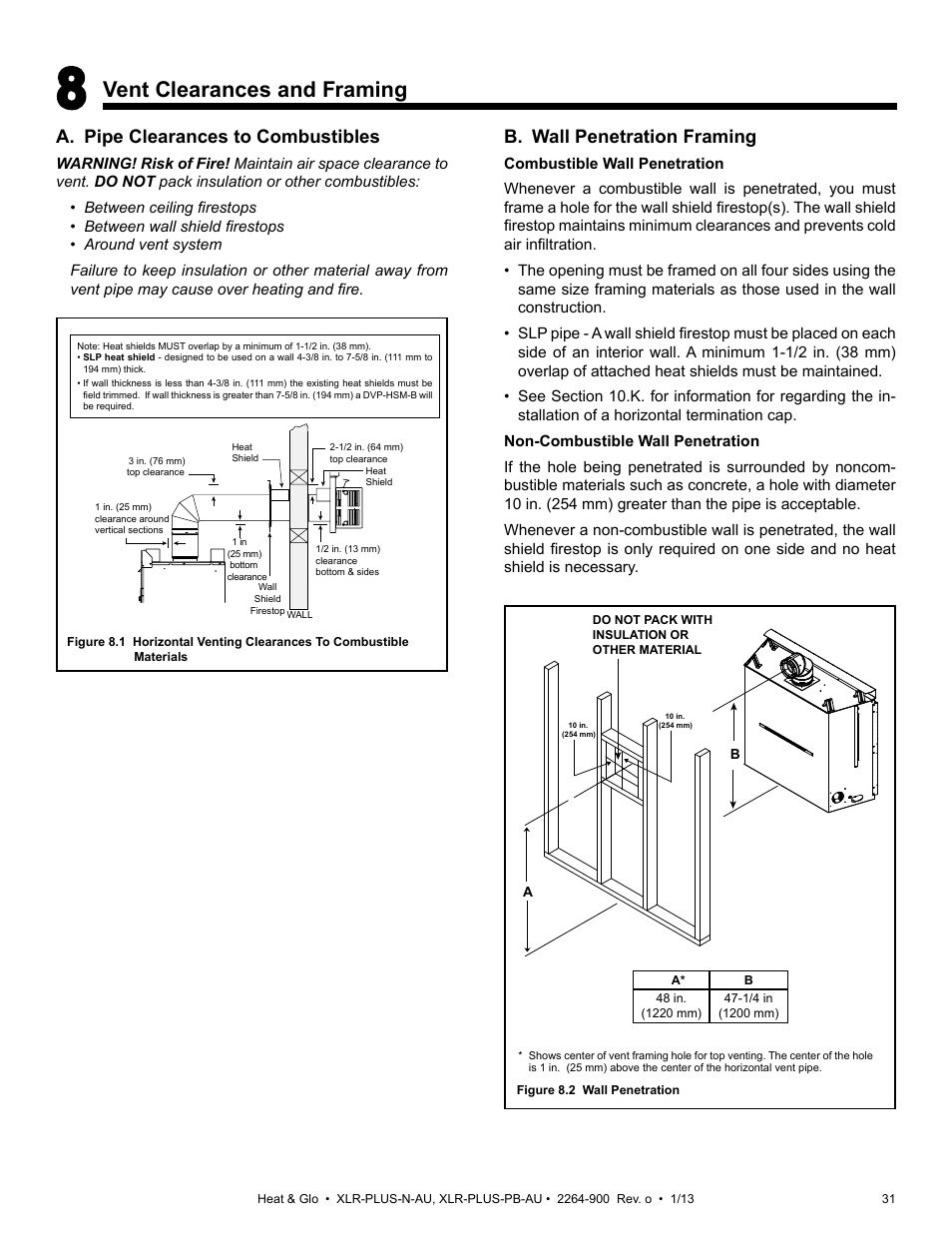 Vent clearances and framing, A. pipe clearances to combustibles, B. wall penetration framing | Heat & Glo Fireplace XLR-PLUS-PB-AU User Manual | Page 31 / 77