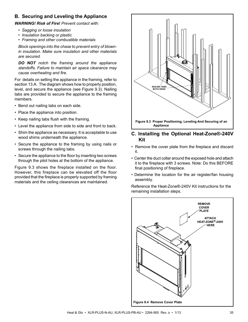 B. securing and leveling the appliance, C. installing the optional heat-zone®-240v kit | Heat & Glo Fireplace XLR-PLUS-PB-AU User Manual | Page 35 / 77