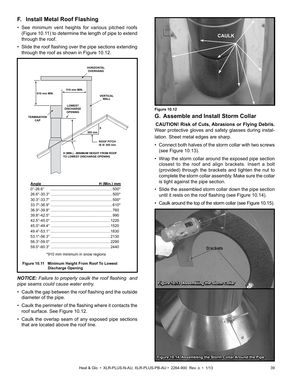 F. install metal roof flashing, G. assemble and install storm collar | Heat & Glo Fireplace XLR-PLUS-PB-AU User Manual | Page 39 / 77