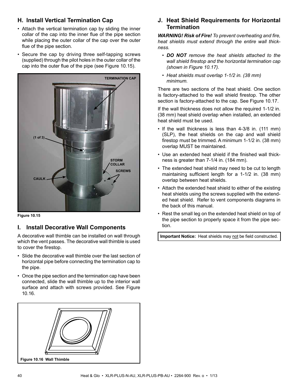 H. install vertical termination cap, I. install decorative wall components | Heat & Glo Fireplace XLR-PLUS-PB-AU User Manual | Page 40 / 77