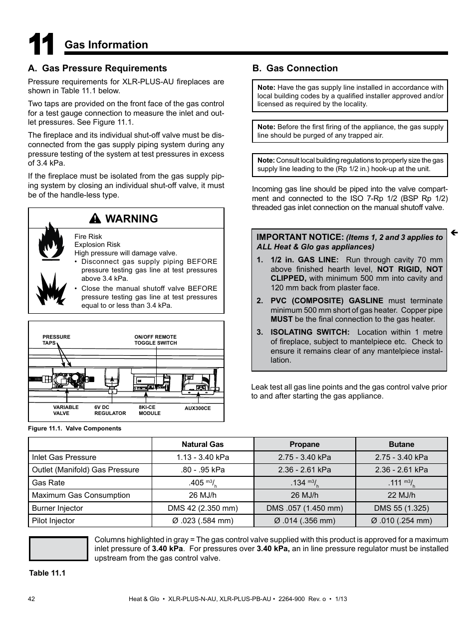 Gas information, Warning, A. gas pressure requirements | B. gas connection | Heat & Glo Fireplace XLR-PLUS-PB-AU User Manual | Page 42 / 77