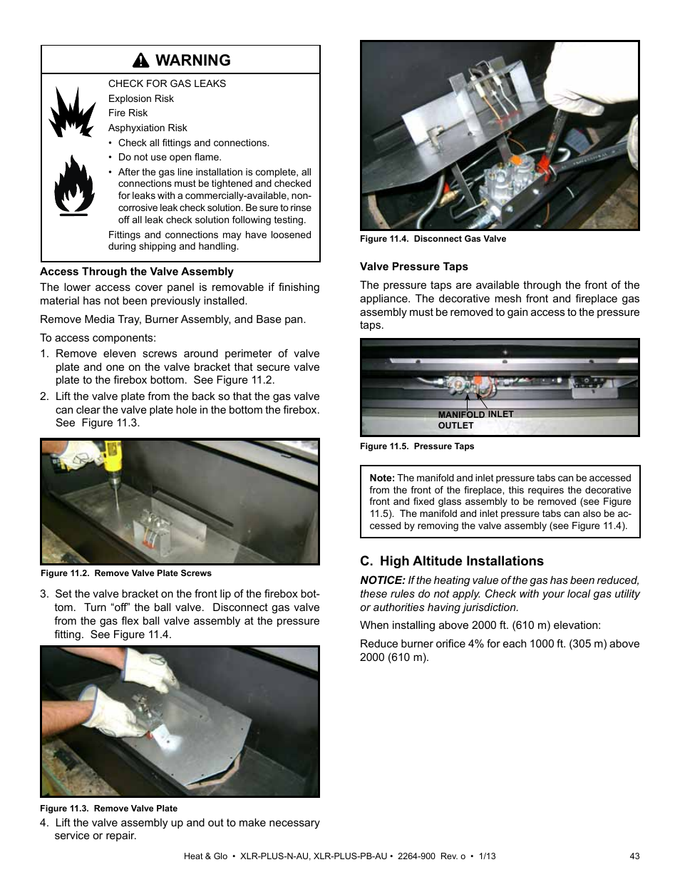 Warning, C. high altitude installations | Heat & Glo Fireplace XLR-PLUS-PB-AU User Manual | Page 43 / 77