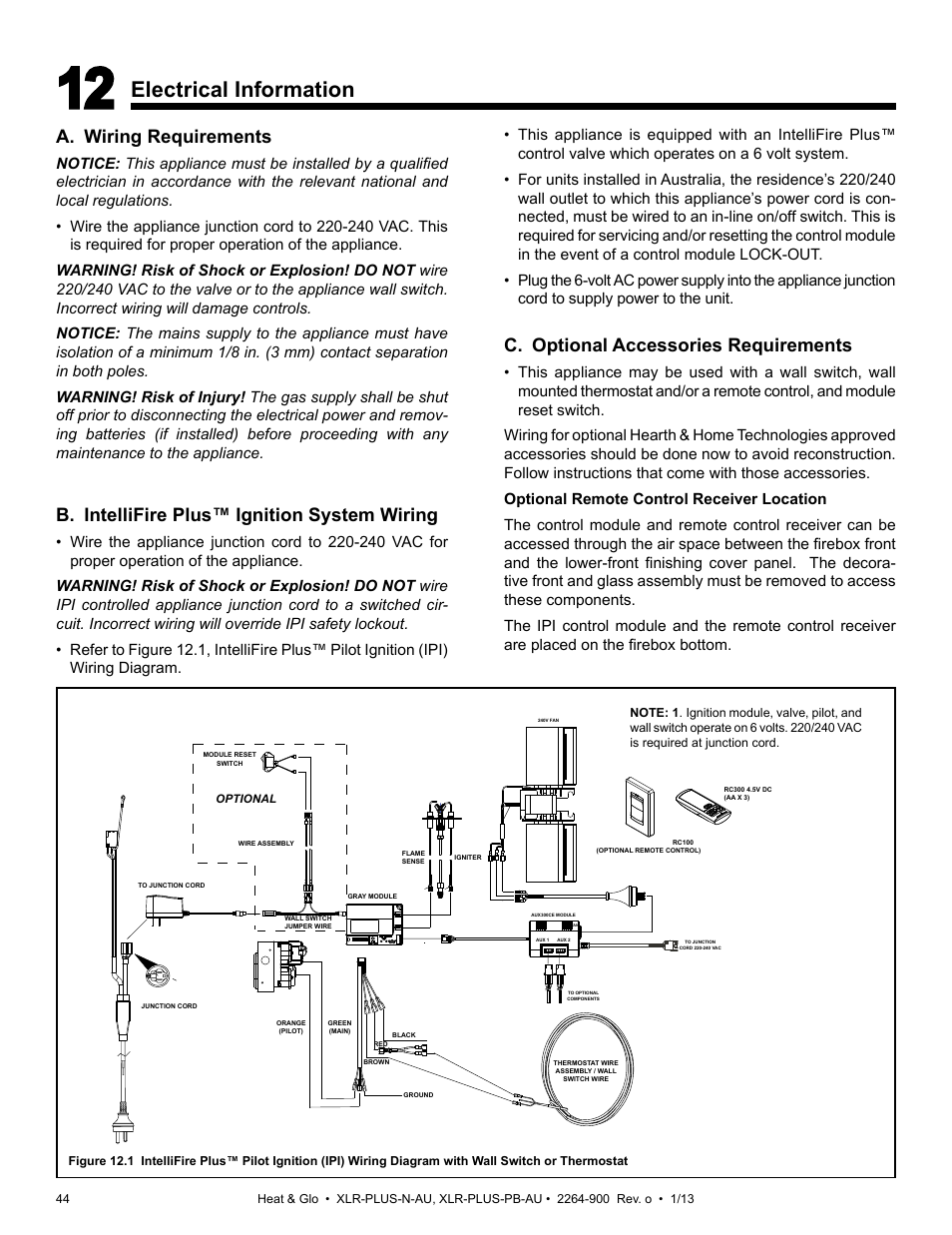 Electrical information, C. optional accessories requirements, A. wiring requirements | B. intellifire plus™ ignition system wiring | Heat & Glo Fireplace XLR-PLUS-PB-AU User Manual | Page 44 / 77