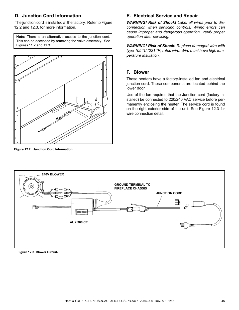D. junction cord information, E. electrical service and repair, F. blower | Heat & Glo Fireplace XLR-PLUS-PB-AU User Manual | Page 45 / 77