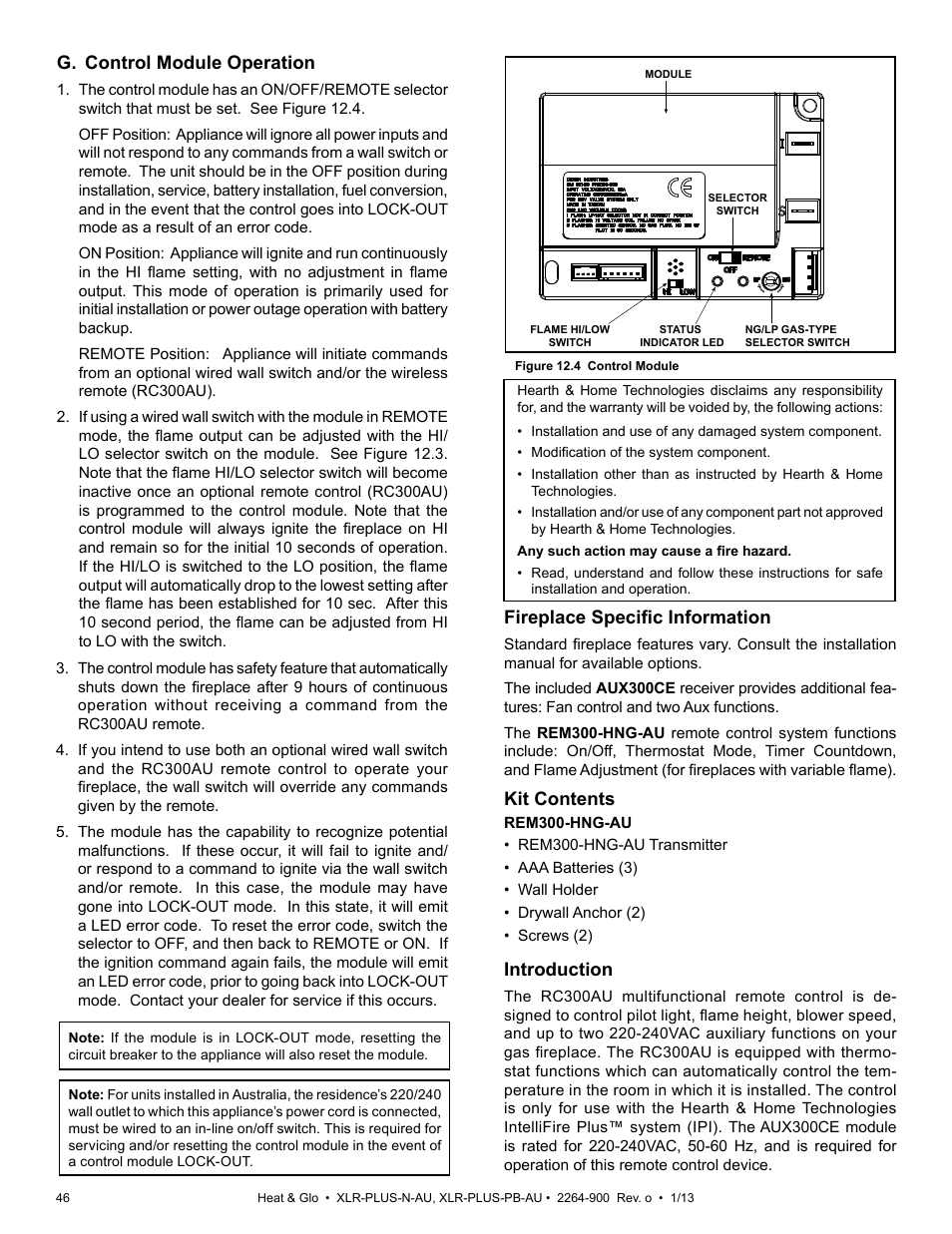 G. control module operation, Fireplace specific information, Kit contents | Introduction | Heat & Glo Fireplace XLR-PLUS-PB-AU User Manual | Page 46 / 77