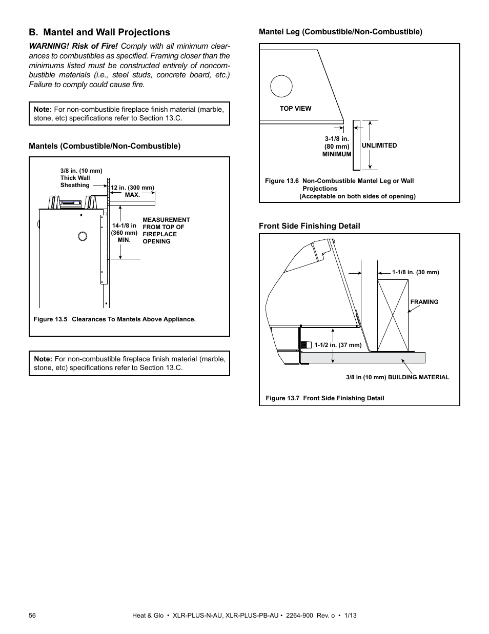 B. mantel and wall projections | Heat & Glo Fireplace XLR-PLUS-PB-AU User Manual | Page 56 / 77