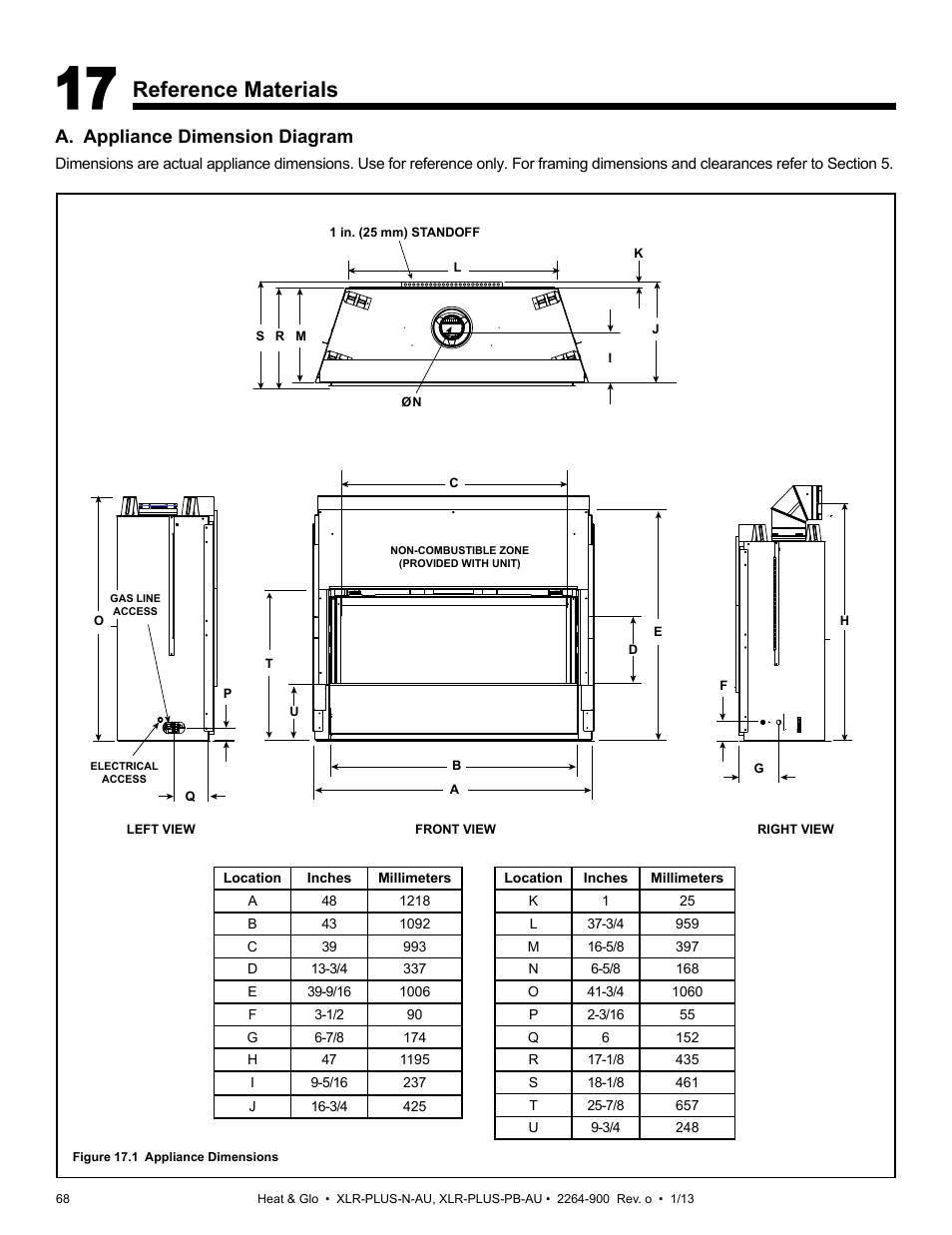 Reference materials, A. appliance dimension diagram | Heat & Glo Fireplace XLR-PLUS-PB-AU User Manual | Page 68 / 77
