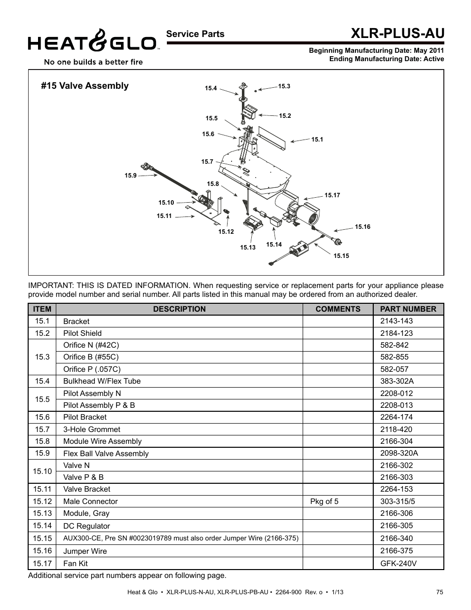 Xlr-plus-au, Service parts, 15 valve assembly | Heat & Glo Fireplace XLR-PLUS-PB-AU User Manual | Page 75 / 77