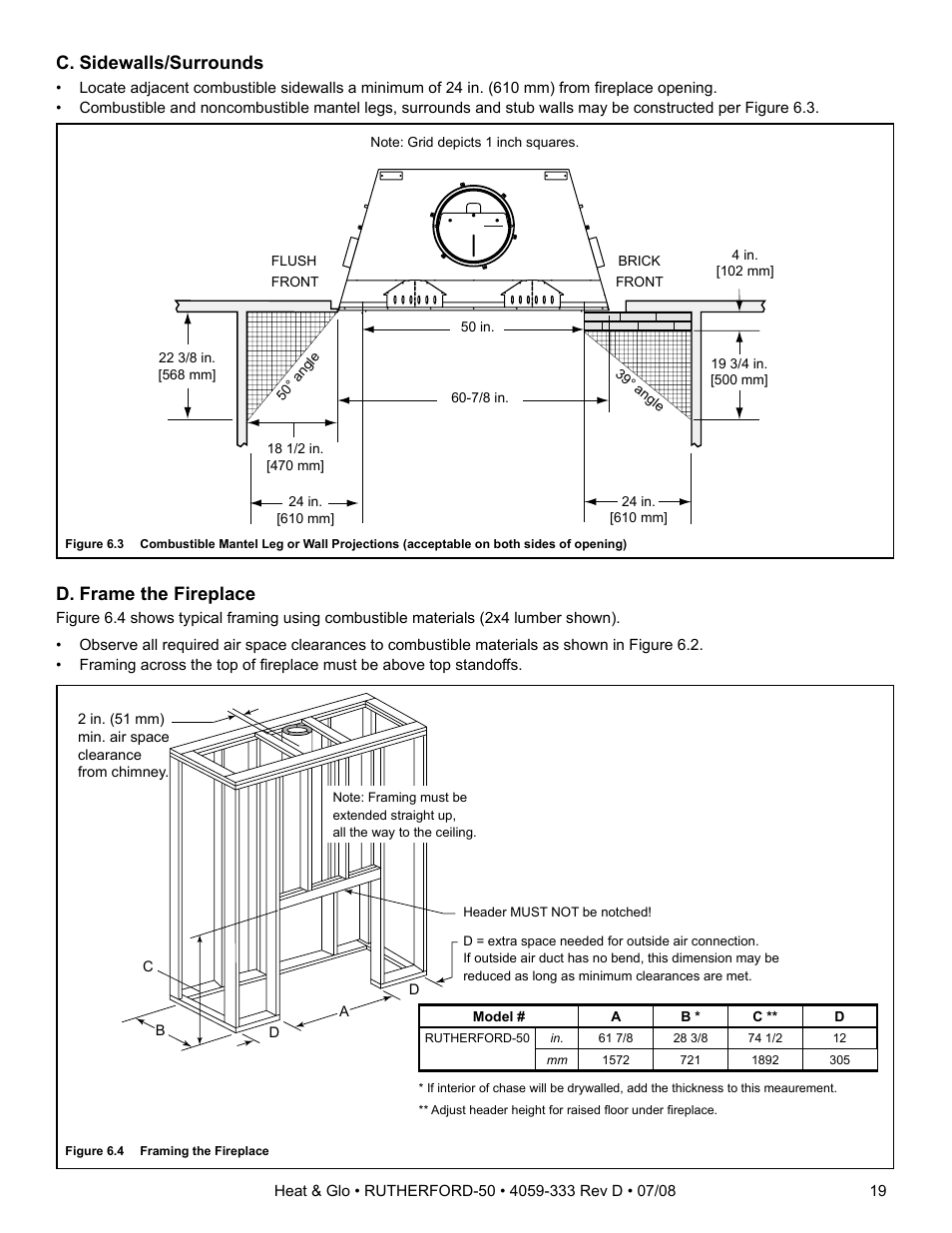 C. sidewalls/surrounds, D. frame the fireplace | Heat & Glo Fireplace RUTHERFORD 50 User Manual | Page 19 / 48
