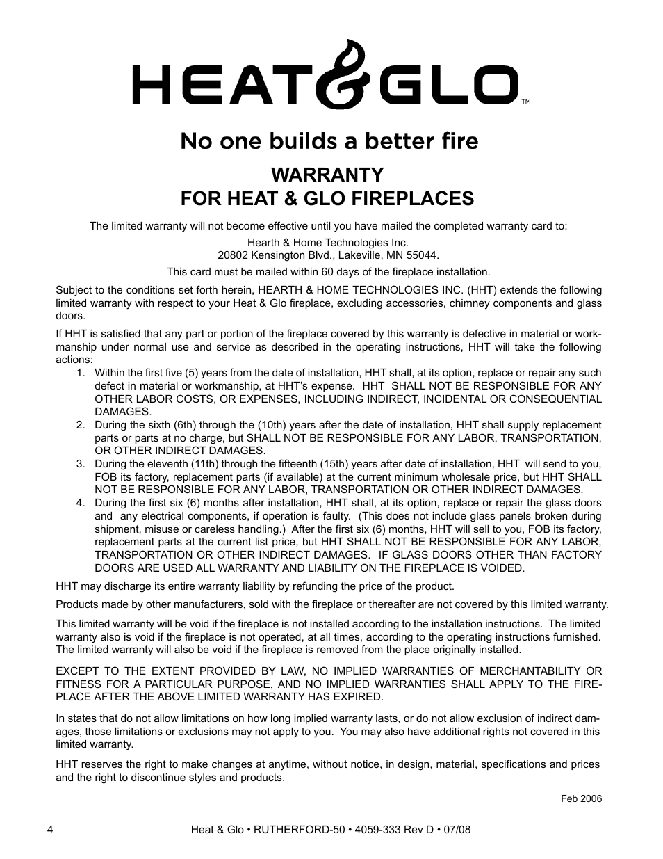 Warranty for heat & glo fireplaces | Heat & Glo Fireplace RUTHERFORD 50 User Manual | Page 4 / 48