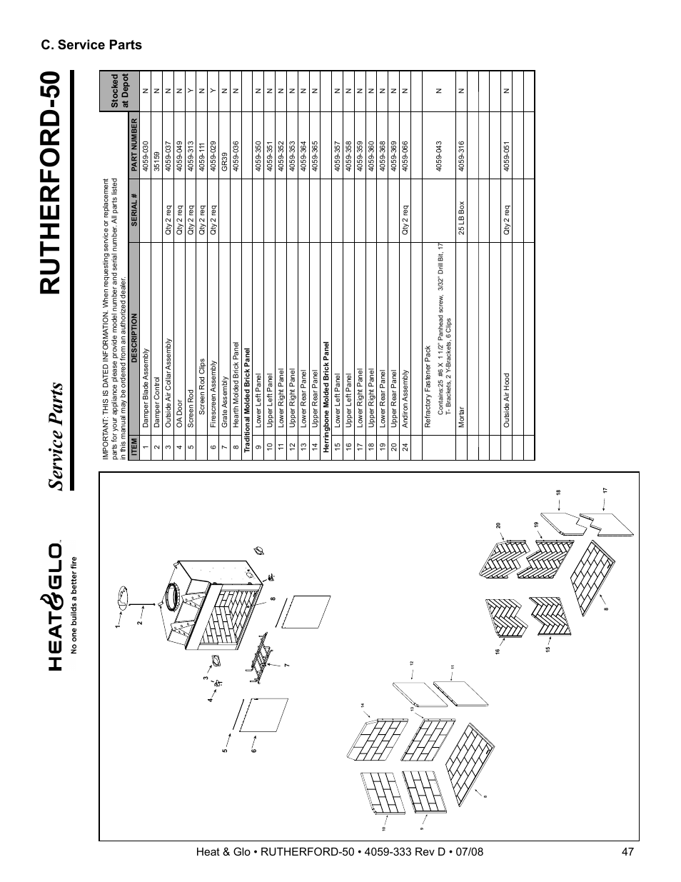 Rutherford-50, Service parts, C. service parts | Heat & Glo Fireplace RUTHERFORD 50 User Manual | Page 47 / 48