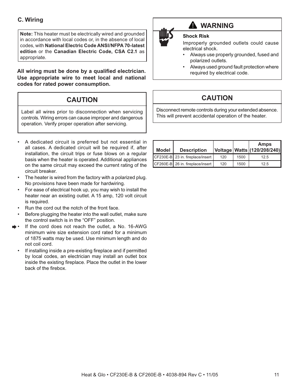 Warning, Caution | Heat & Glo Fireplace CF260E-B User Manual | Page 11 / 24