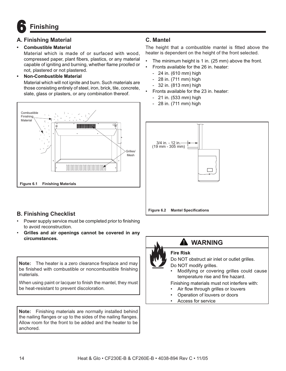 Finishing, Warning | Heat & Glo Fireplace CF260E-B User Manual | Page 14 / 24