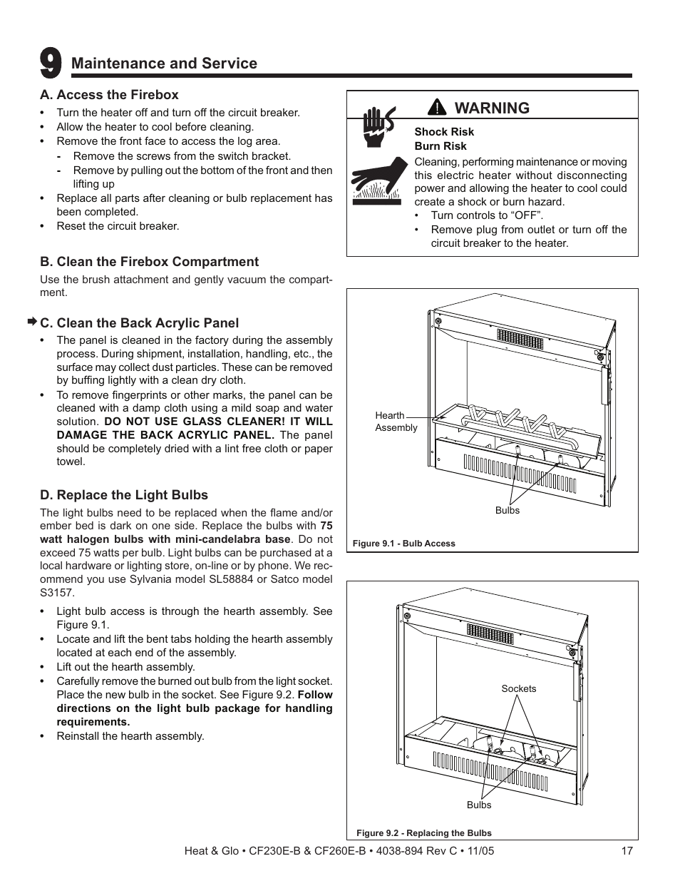 Maintenance and service, Warning | Heat & Glo Fireplace CF260E-B User Manual | Page 17 / 24