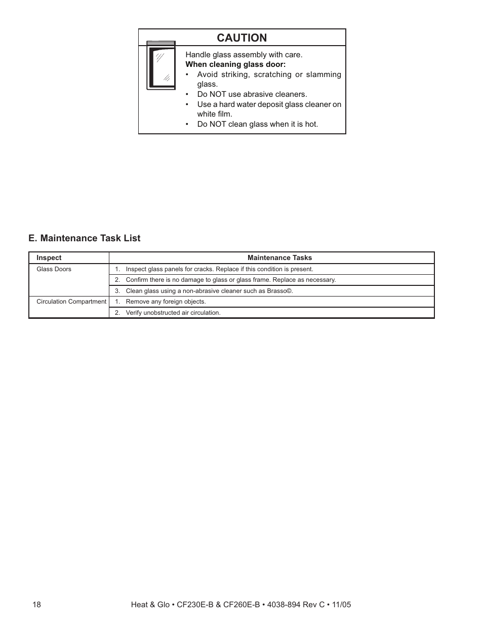 Caution, E. maintenance task list | Heat & Glo Fireplace CF260E-B User Manual | Page 18 / 24