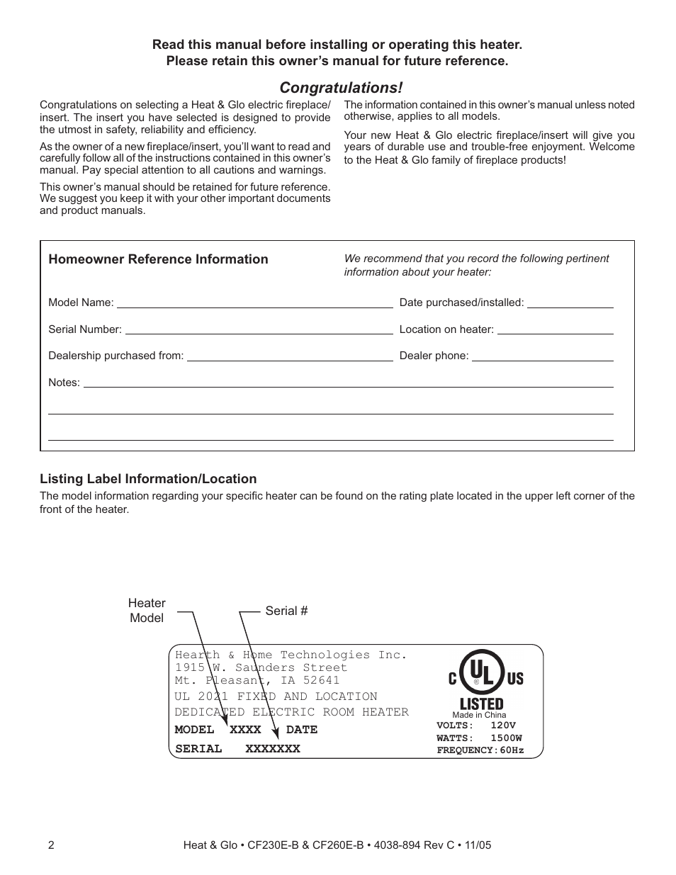 Heat & Glo Fireplace CF260E-B User Manual | Page 2 / 24