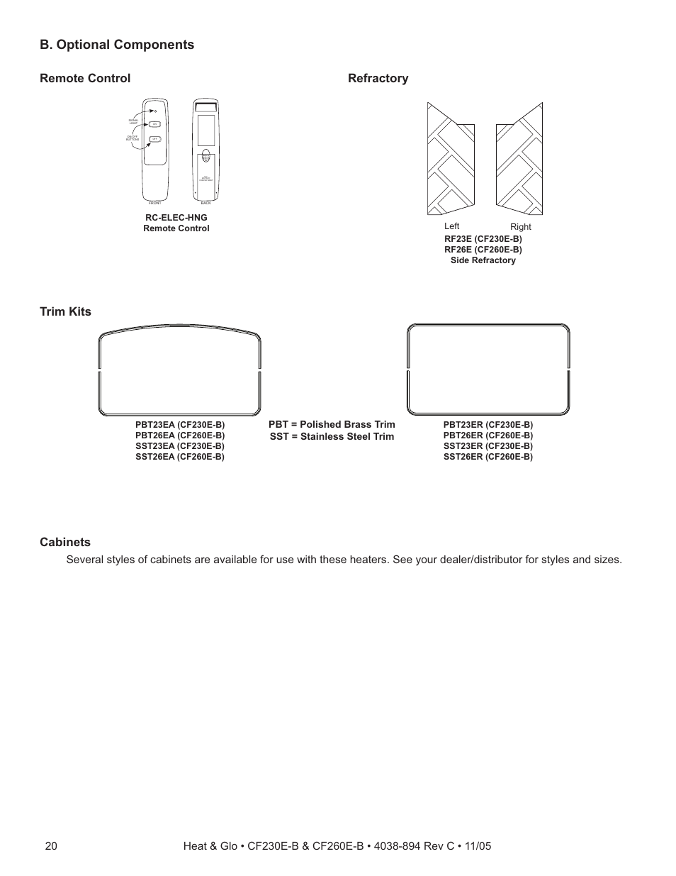 B. optional components, Remote control refractory trim kits, Cabinets | Heat & Glo Fireplace CF260E-B User Manual | Page 20 / 24