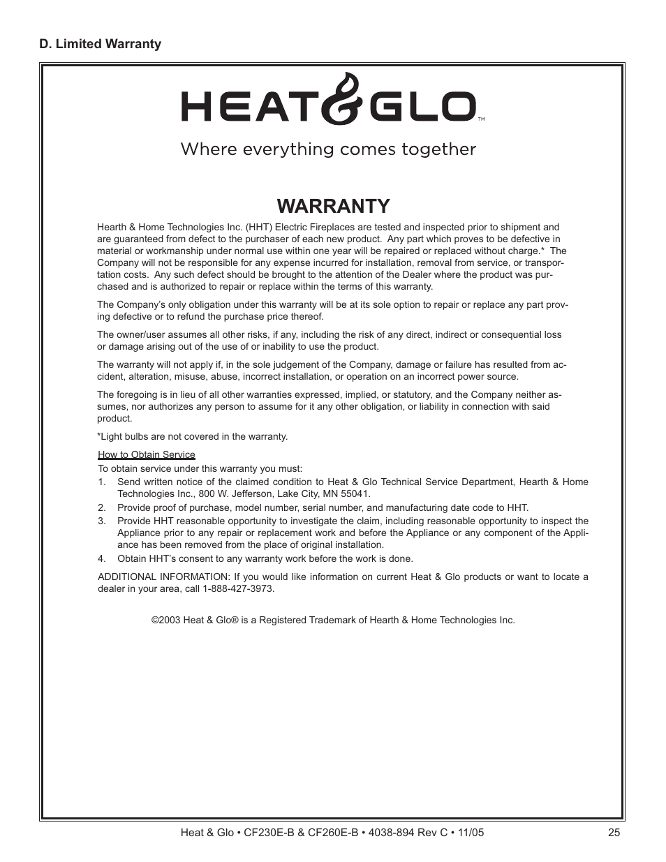 Warranty | Heat & Glo Fireplace CF260E-B User Manual | Page 23 / 24