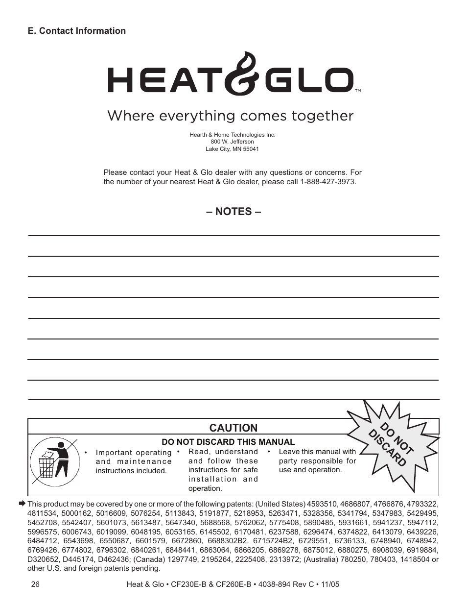 Caution, Do not discard | Heat & Glo Fireplace CF260E-B User Manual | Page 24 / 24