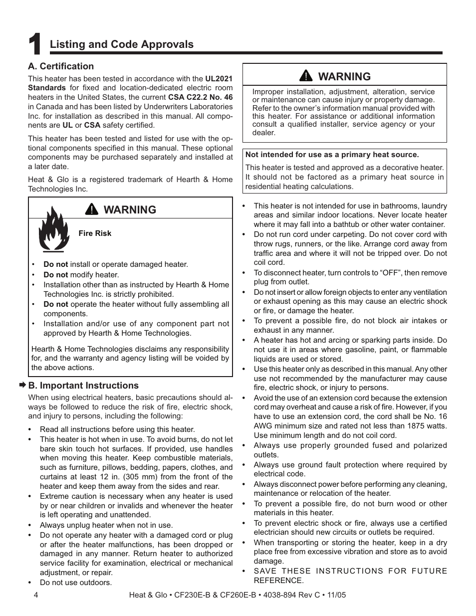 Warning, Listing and code approvals | Heat & Glo Fireplace CF260E-B User Manual | Page 4 / 24