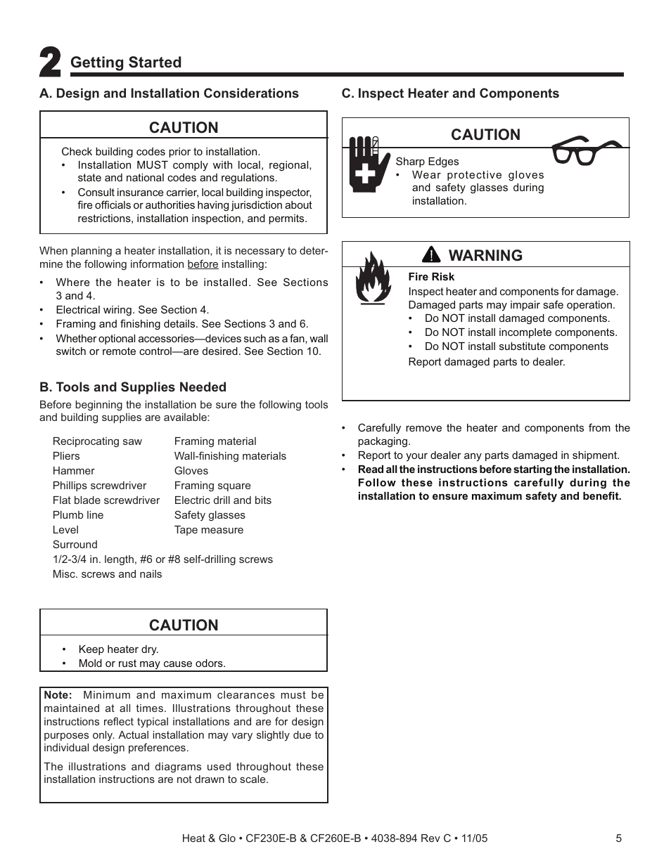 Getting started, Caution, Warning | Heat & Glo Fireplace CF260E-B User Manual | Page 5 / 24