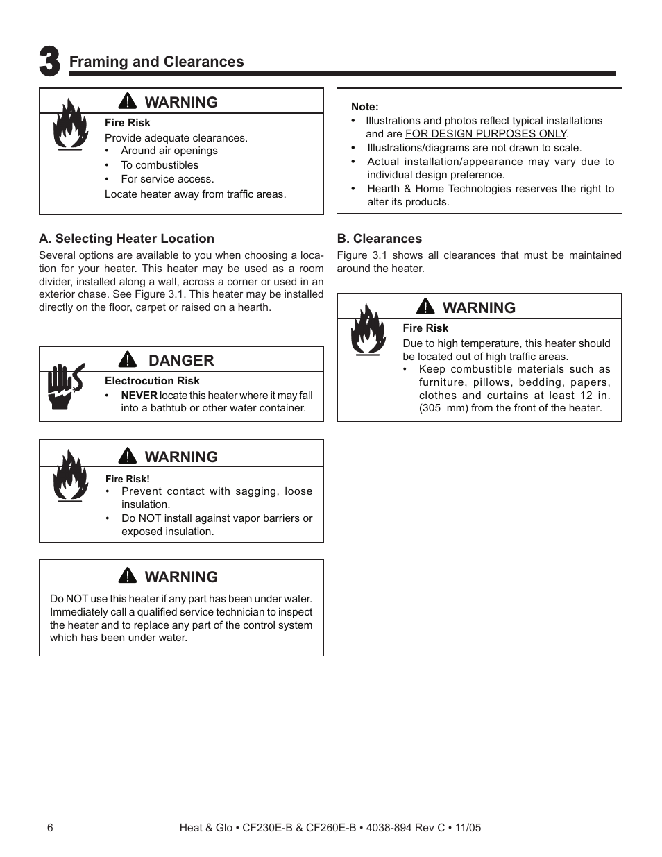 Framing and clearances, Warning, Danger | Heat & Glo Fireplace CF260E-B User Manual | Page 6 / 24
