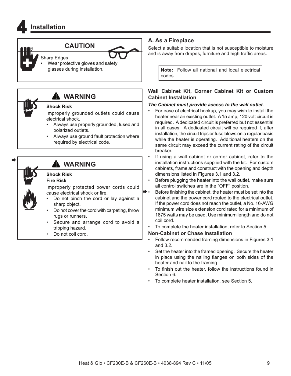 Installation, Caution, Warning | Heat & Glo Fireplace CF260E-B User Manual | Page 9 / 24