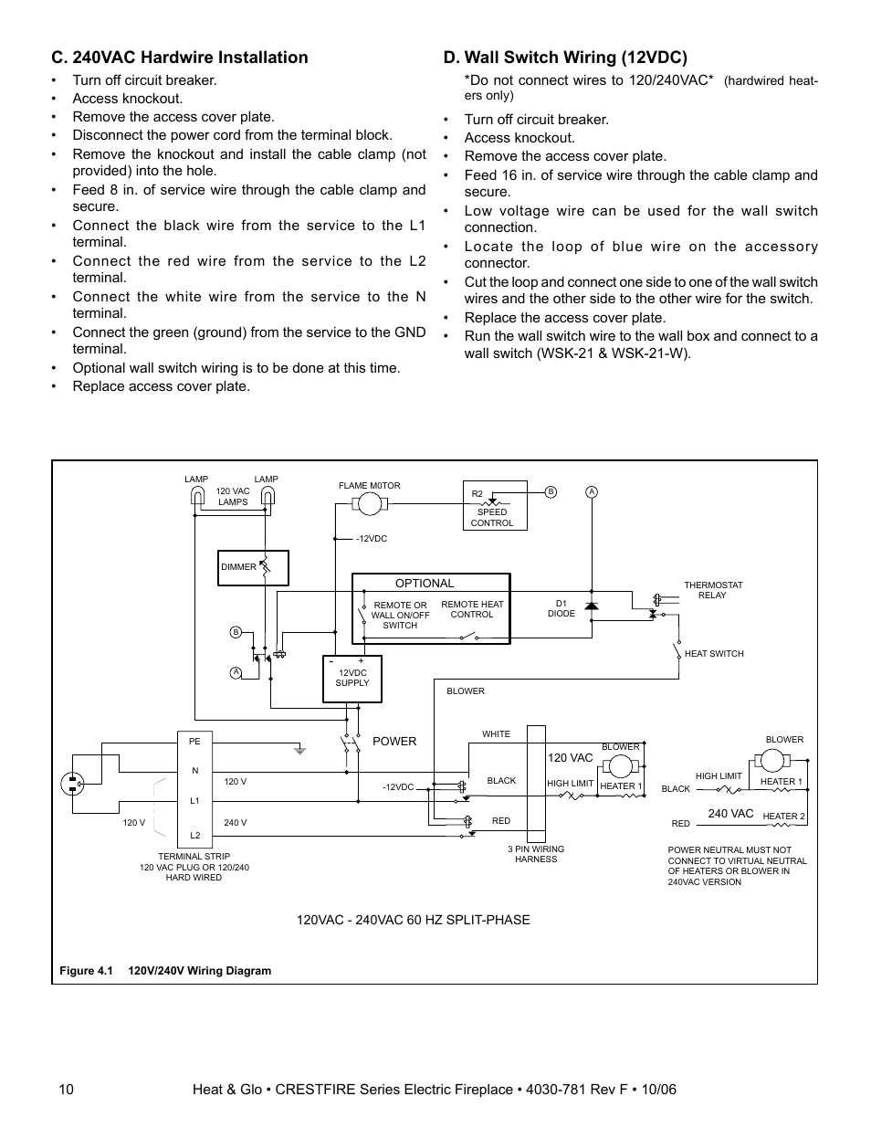 C. 240vac hardwire installation, D. wall switch wiring (12vdc) | Heat & Glo Fireplace HEAT & GLO CF550E-B User Manual | Page 10 / 26