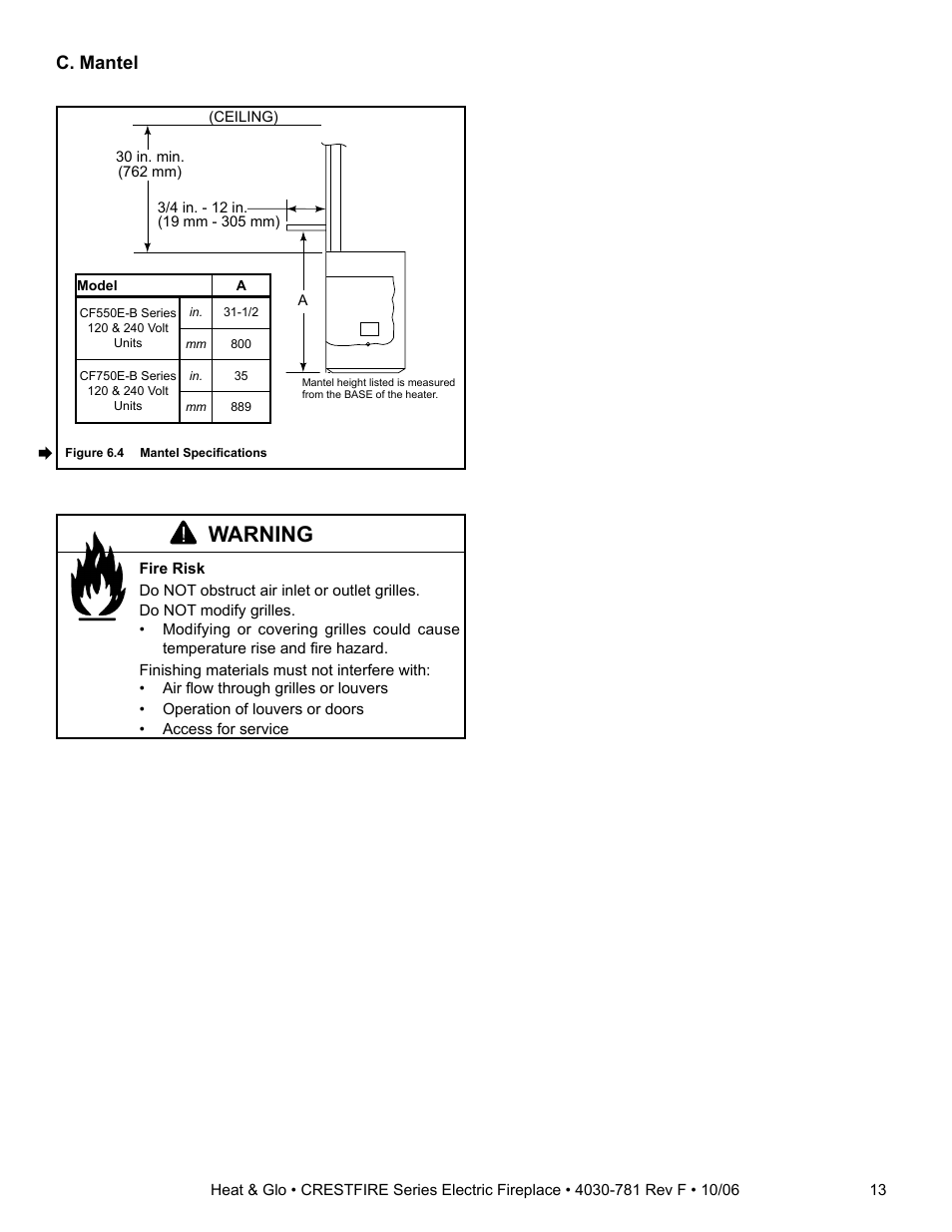 Warning, C. mantel | Heat & Glo Fireplace HEAT & GLO CF550E-B User Manual | Page 13 / 26