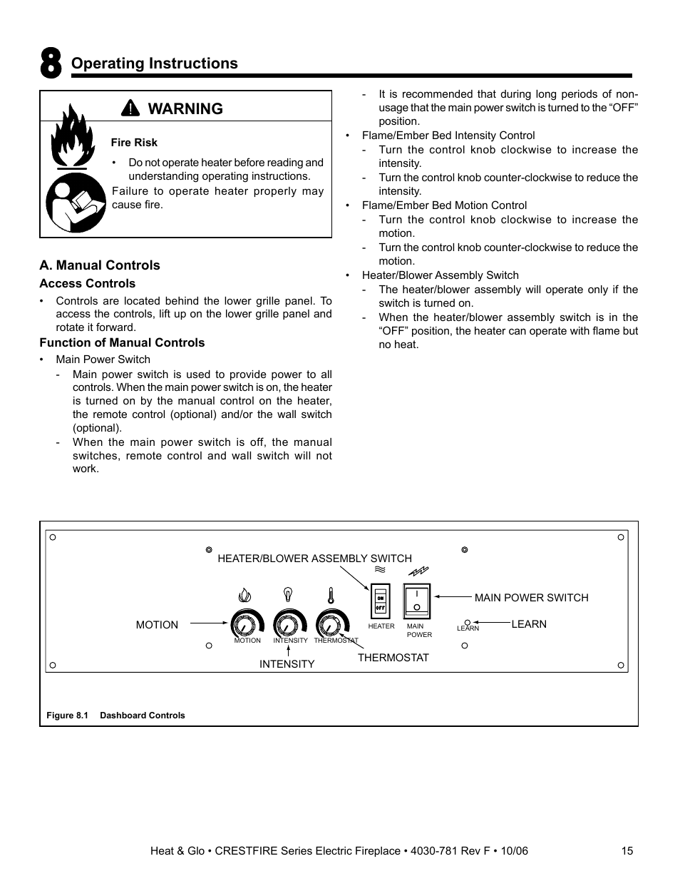 Warning, Operating instructions | Heat & Glo Fireplace HEAT & GLO CF550E-B User Manual | Page 15 / 26