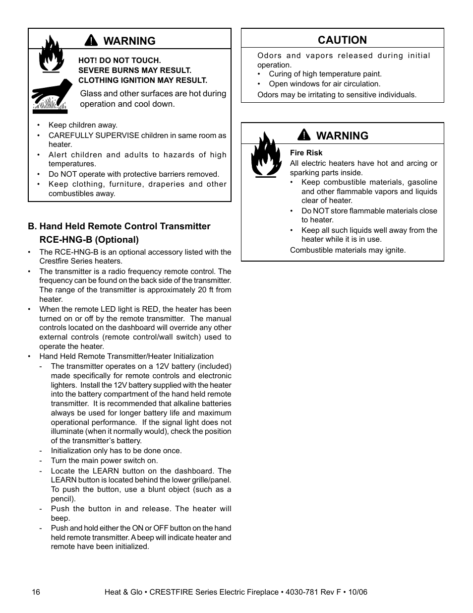 Warning, Caution | Heat & Glo Fireplace HEAT & GLO CF550E-B User Manual | Page 16 / 26