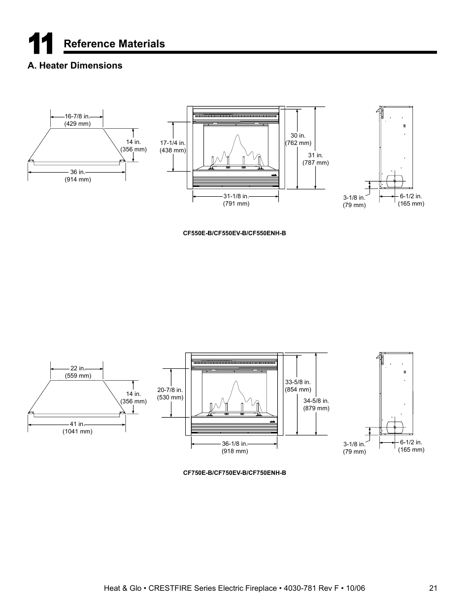 Reference materials, A. heater dimensions | Heat & Glo Fireplace HEAT & GLO CF550E-B User Manual | Page 21 / 26