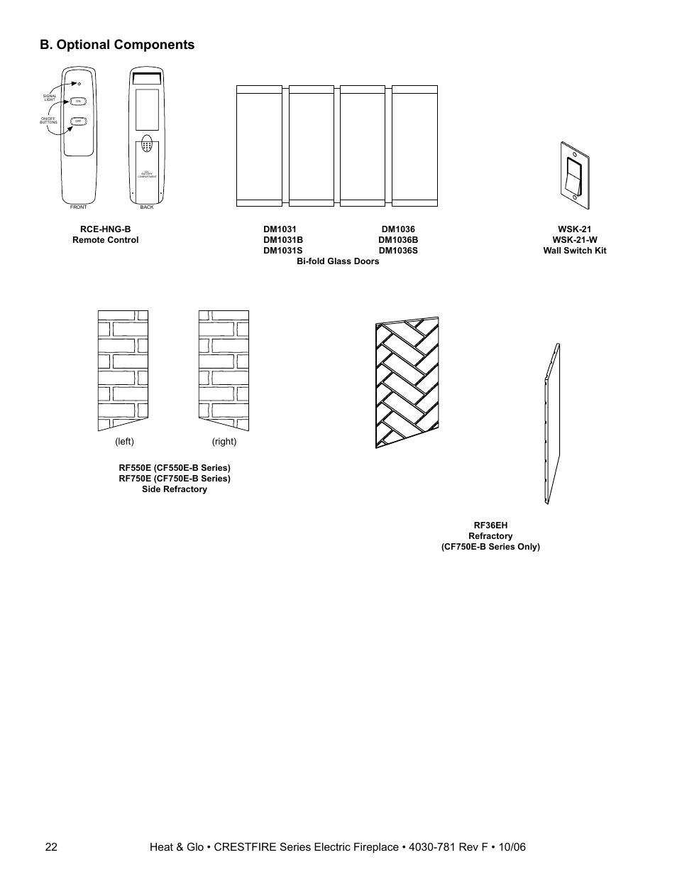 B. optional components, Left) (right) | Heat & Glo Fireplace HEAT & GLO CF550E-B User Manual | Page 22 / 26