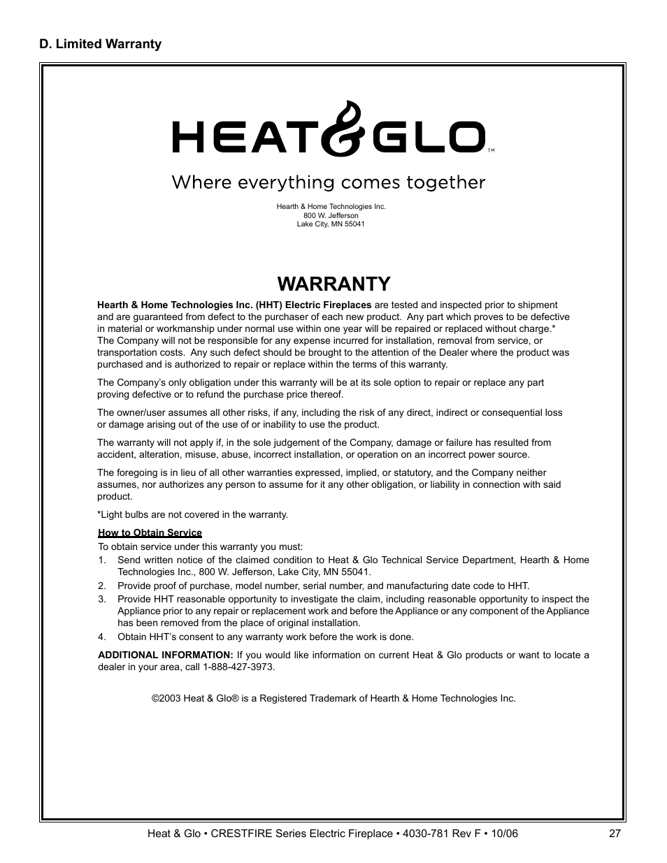 Warranty, D. limited warranty | Heat & Glo Fireplace HEAT & GLO CF550E-B User Manual | Page 25 / 26