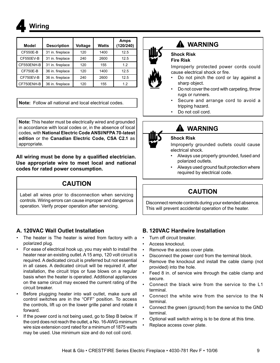 Warning, Caution, Wiring | Heat & Glo Fireplace HEAT & GLO CF550E-B User Manual | Page 9 / 26