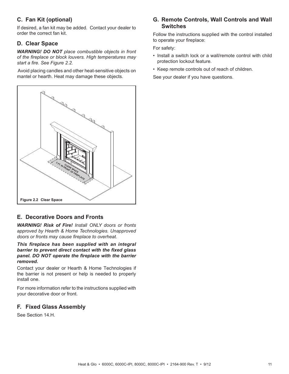 D. clear space, C. fan kit (optional), F. fixed glass assembly | E. decorative doors and fronts | Heat & Glo Fireplace Heat & Glo Fireplace 6000C User Manual | Page 11 / 86