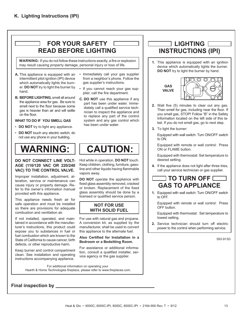 Caution, Warning, For your safety read before lighting | Heat & Glo Fireplace Heat & Glo Fireplace 6000C User Manual | Page 13 / 86