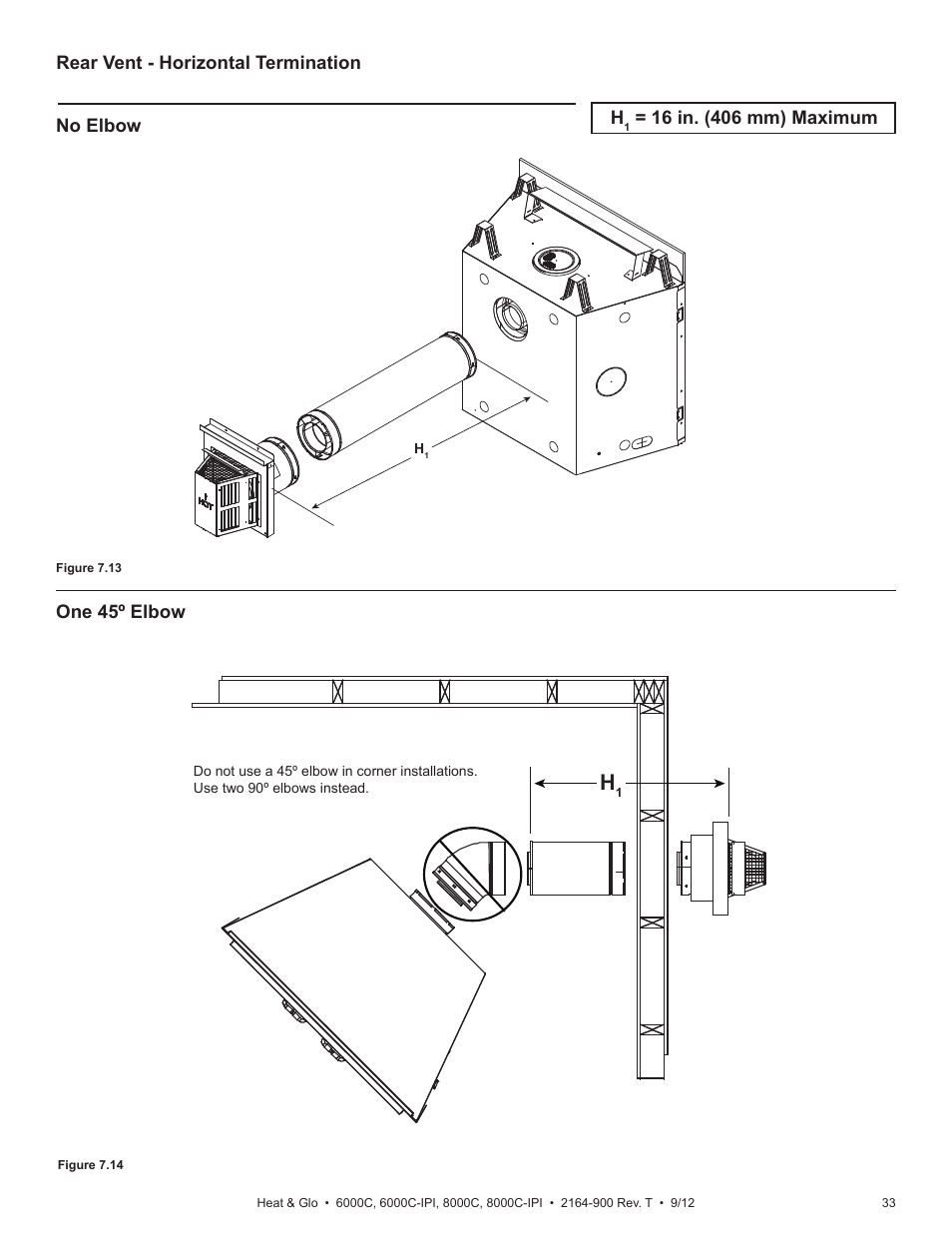 Rear vent - horizontal termination, No elbow one 45º elbow | Heat & Glo Fireplace Heat & Glo Fireplace 6000C User Manual | Page 33 / 86