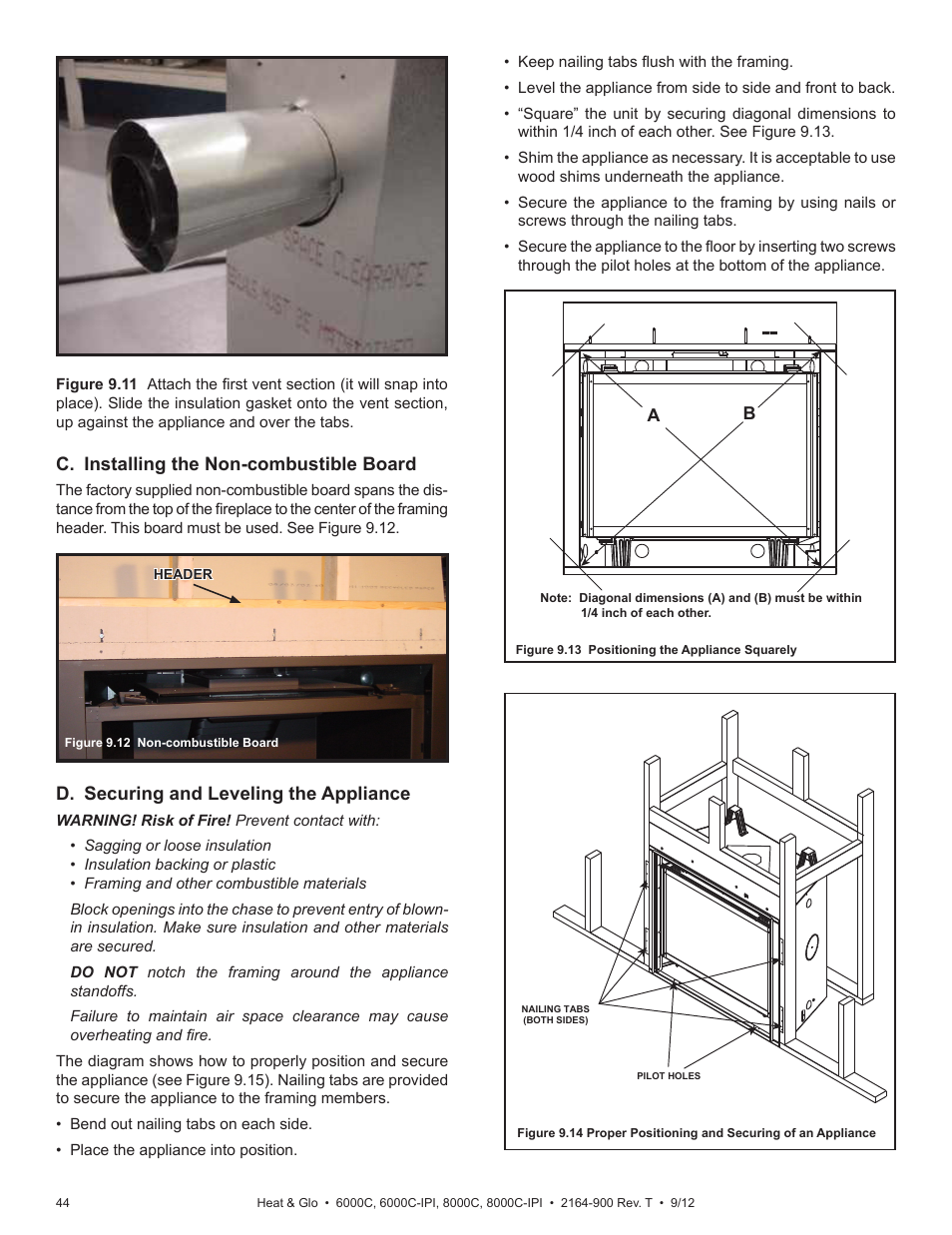 C. installing the non-combustible board, D. securing and leveling the appliance | Heat & Glo Fireplace Heat & Glo Fireplace 6000C User Manual | Page 44 / 86