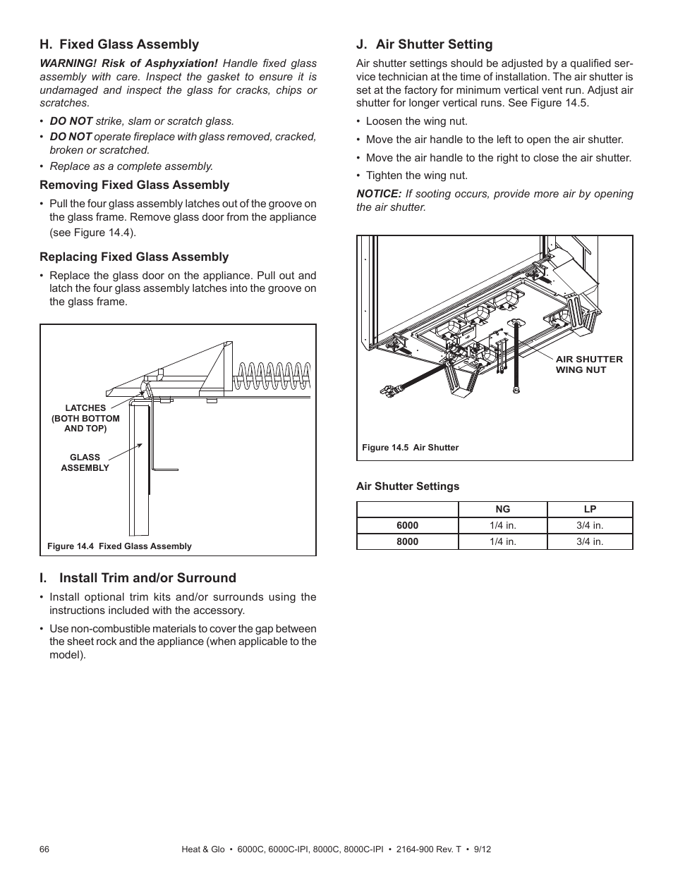 H. fixed glass assembly, I. install trim and/or surround, J. air shutter setting | Heat & Glo Fireplace Heat & Glo Fireplace 6000C User Manual | Page 66 / 86