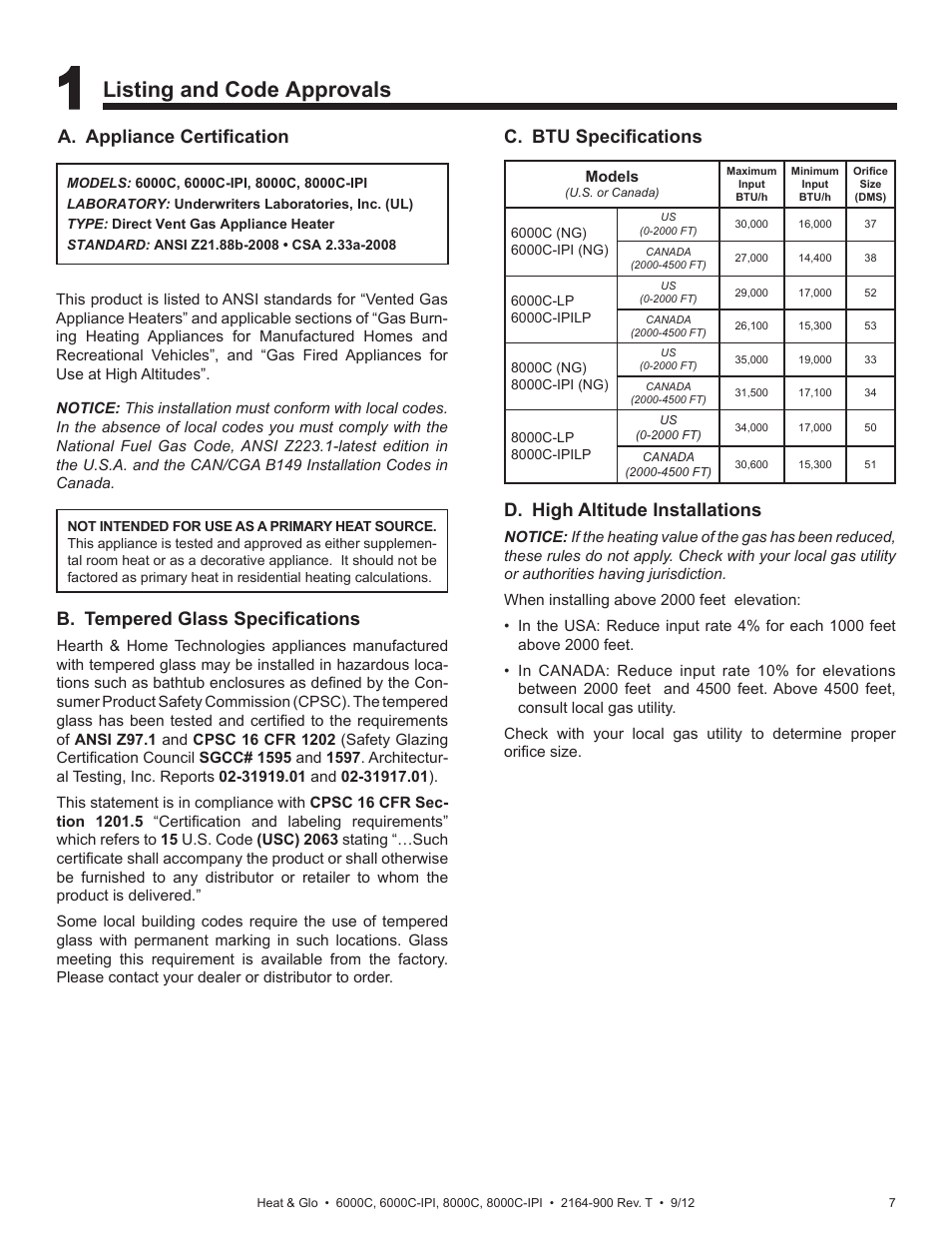 Listing and code approvals, B. tempered glass specifications, C. btu specifications | A. appliance certification, D. high altitude installations | Heat & Glo Fireplace Heat & Glo Fireplace 6000C User Manual | Page 7 / 86