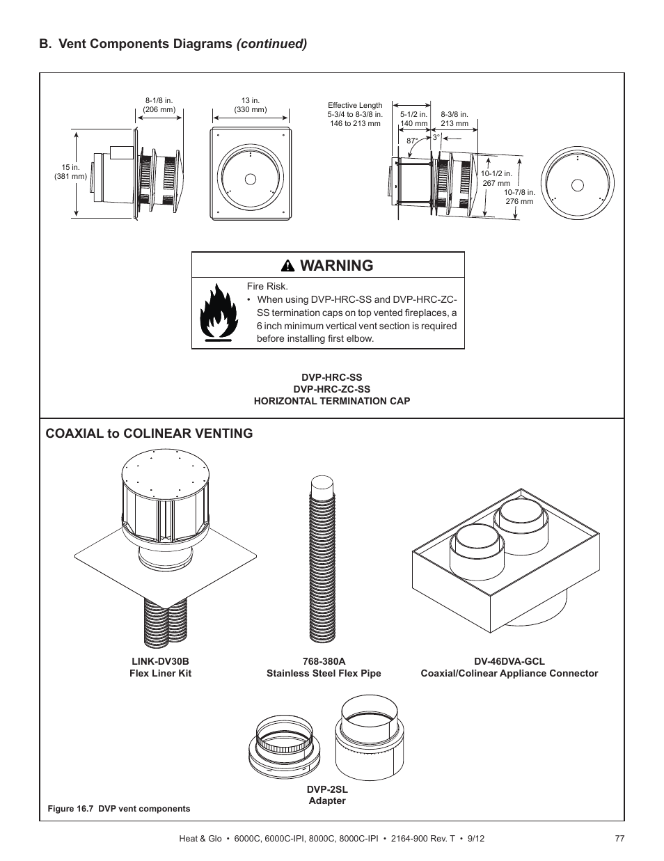 Warning, B. vent components diagrams (continued), Coaxial to colinear venting | Heat & Glo Fireplace Heat & Glo Fireplace 6000C User Manual | Page 77 / 86