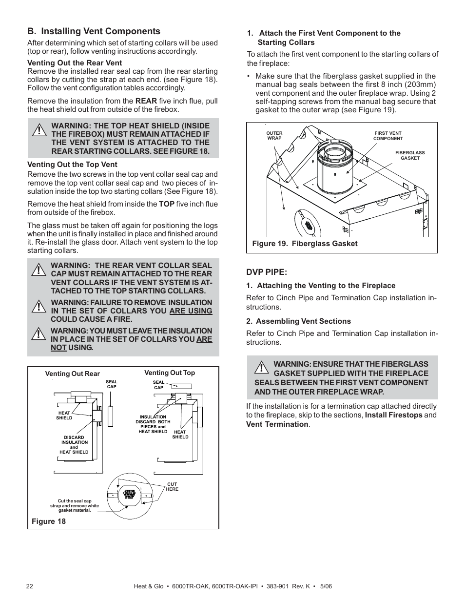 B. installing vent components, Dvp pipe | Heat & Glo Fireplace 6000TR-OAK User Manual | Page 18 / 31