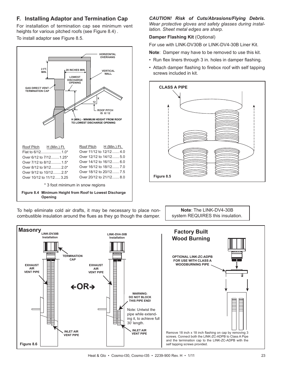 F. installing adaptor and termination cap, Masonry factory built wood burning | Heat & Glo Fireplace Heat & Glo Cosmo-130 User Manual | Page 23 / 35