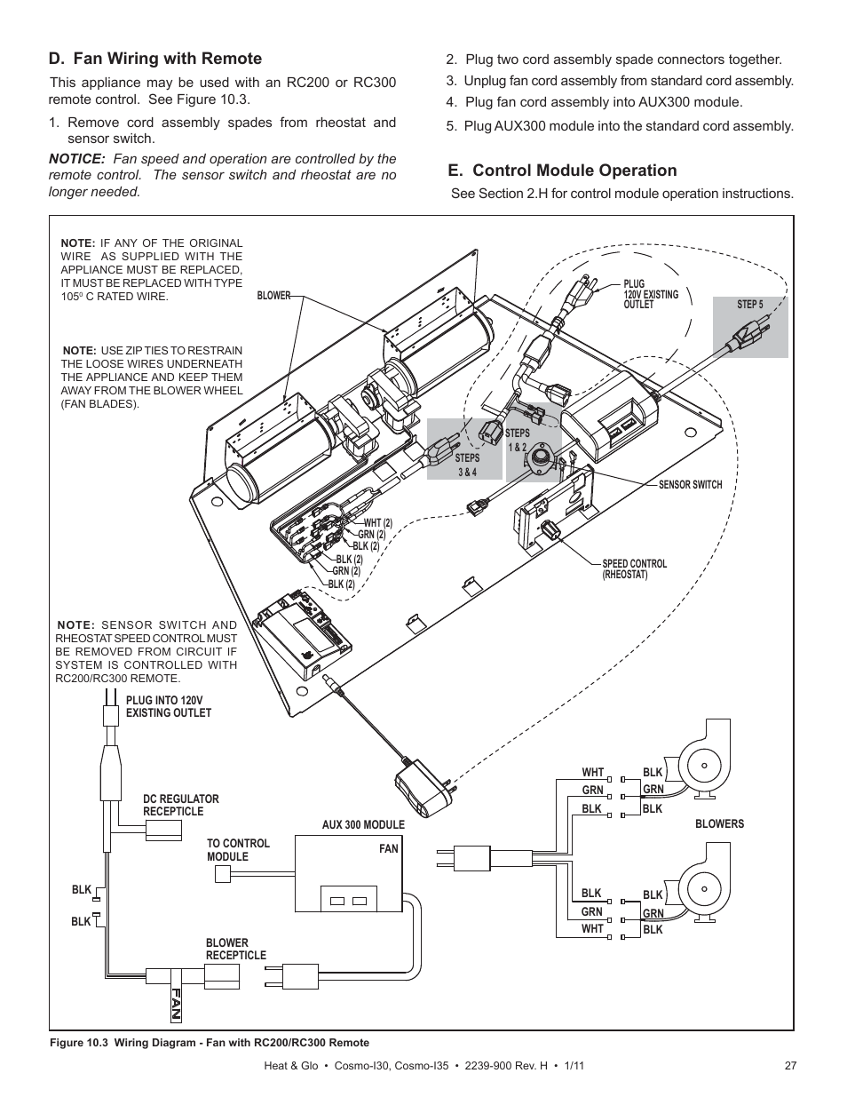 D. fan wiring with remote, E. control module operation | Heat & Glo Fireplace Heat & Glo Cosmo-130 User Manual | Page 27 / 35